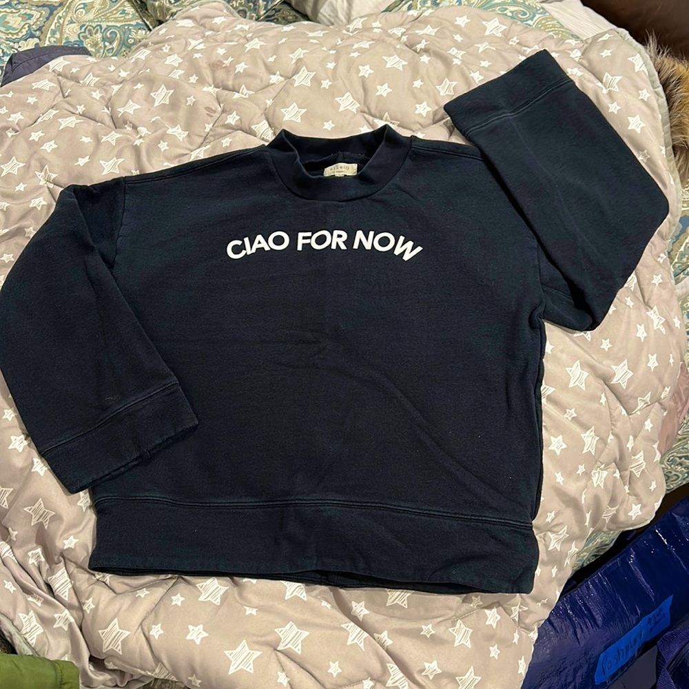 Cropped, black mock neck, Madewell’s “Ciao for now” sweatshirt